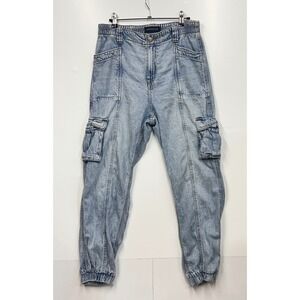 Aeropostale Women's Baggy Jogger Denim Cargo Pants Elastic Waist Blue Size M